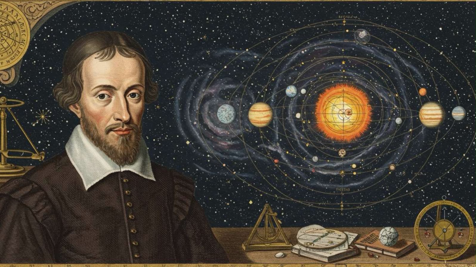 Johannes Kepler junto a una representación del universo