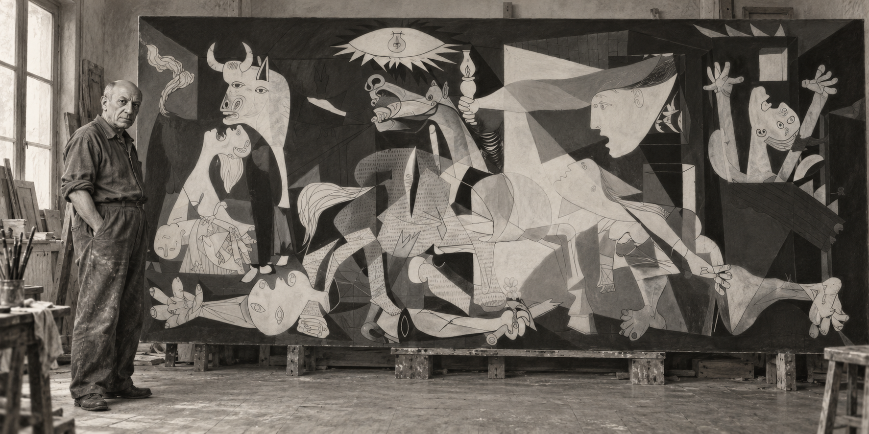Pablo Picasso junto a su obra